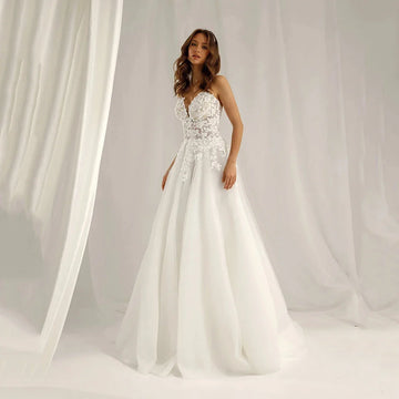 Boho Wedding Dresses For Women V Neck Lace Tulle A-Line Brides Gown Romantic Backless Formal Bridal Dresses Customized