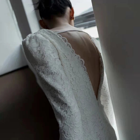 Long Sleeves Square Neck Allover Lace Romance Wedding Bride Gown Backless Column Vintage Fit Maxi Customized Bridal Dress