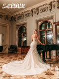 Long luxury strapless embroidery detachable sleeves formal appliques wedding dress back view
