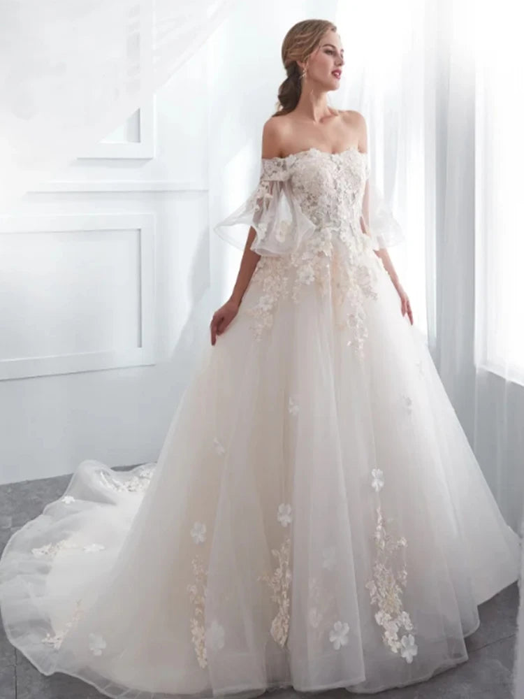 Princess A-Line Wedding Dresses Backless Half Sleeves Strapless Appliques Lace-Up Bridal Gowns Floral Vestido De Noiva