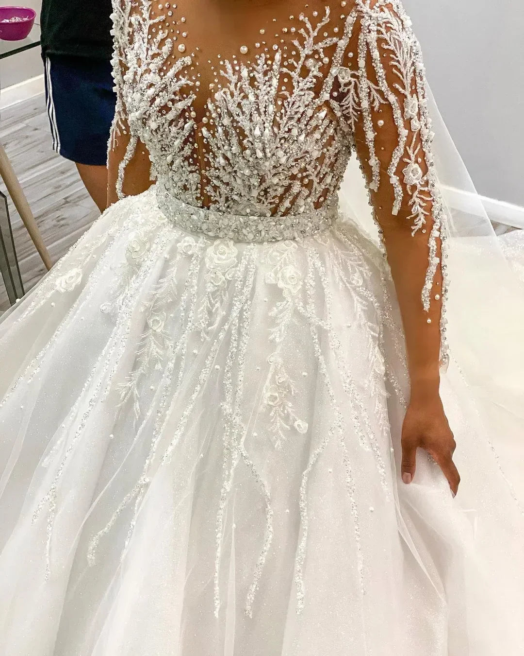 Long Sleeves Vestidos De Novia African Heavy Handwork Sequins Beads Plus Size  Two in One Wedding Dresses With Detachable Train