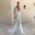 Backless lace tulle deep V-neck detachable sweep train mermaid bride wedding dress side view