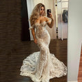 3D Lace Mermaid Wedding Dress Corset Sweetheart Neck Bride Dresses Off the Shoulder Applique Bridal Gowns champagne 100cm
