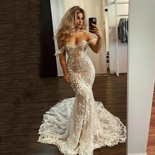 3D Lace Mermaid Wedding Dress Corset Sweetheart Neck Bride Dresses Off the Shoulder Applique Bridal Gowns champagne 100cm