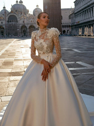 Modest High Collar Wedding Dress Sparkly Sequins Beads Bride Robe Elegant A-line Appiliques Long Bridal Gown Robe De Mariée