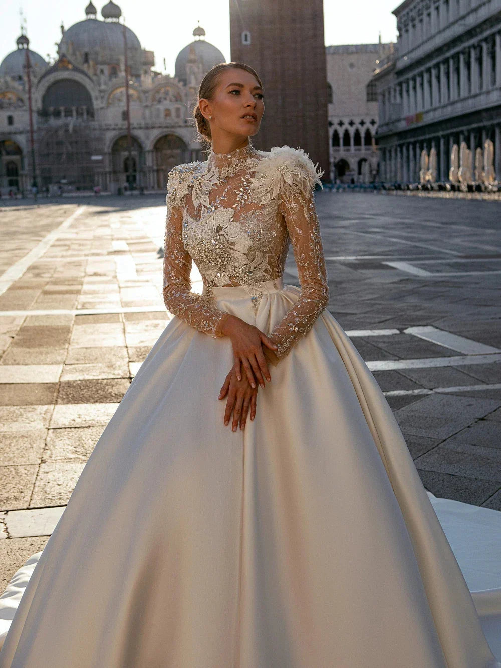 Modest High Collar Wedding Dress Sparkly Sequins Beads Bride Robe Elegant A-line Appiliques Long Bridal Gown Robe De Mariée