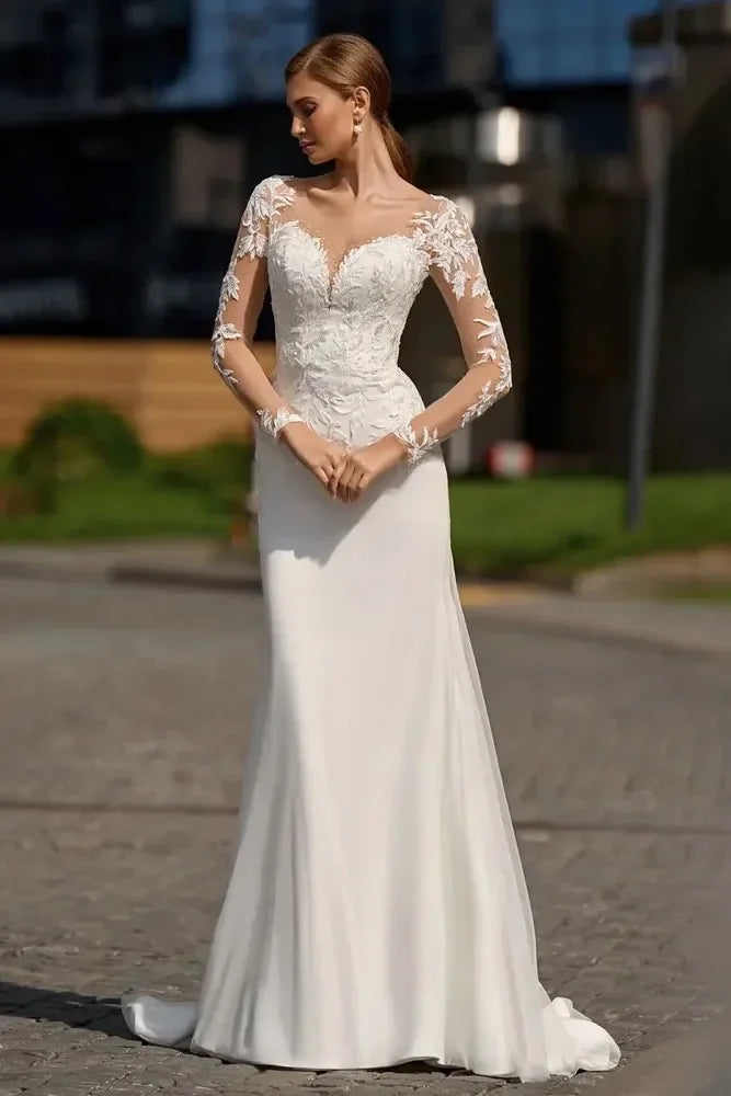 Beach lace mermaid wedding dress long sleeve sweep train sheer neck bridal gown 2025