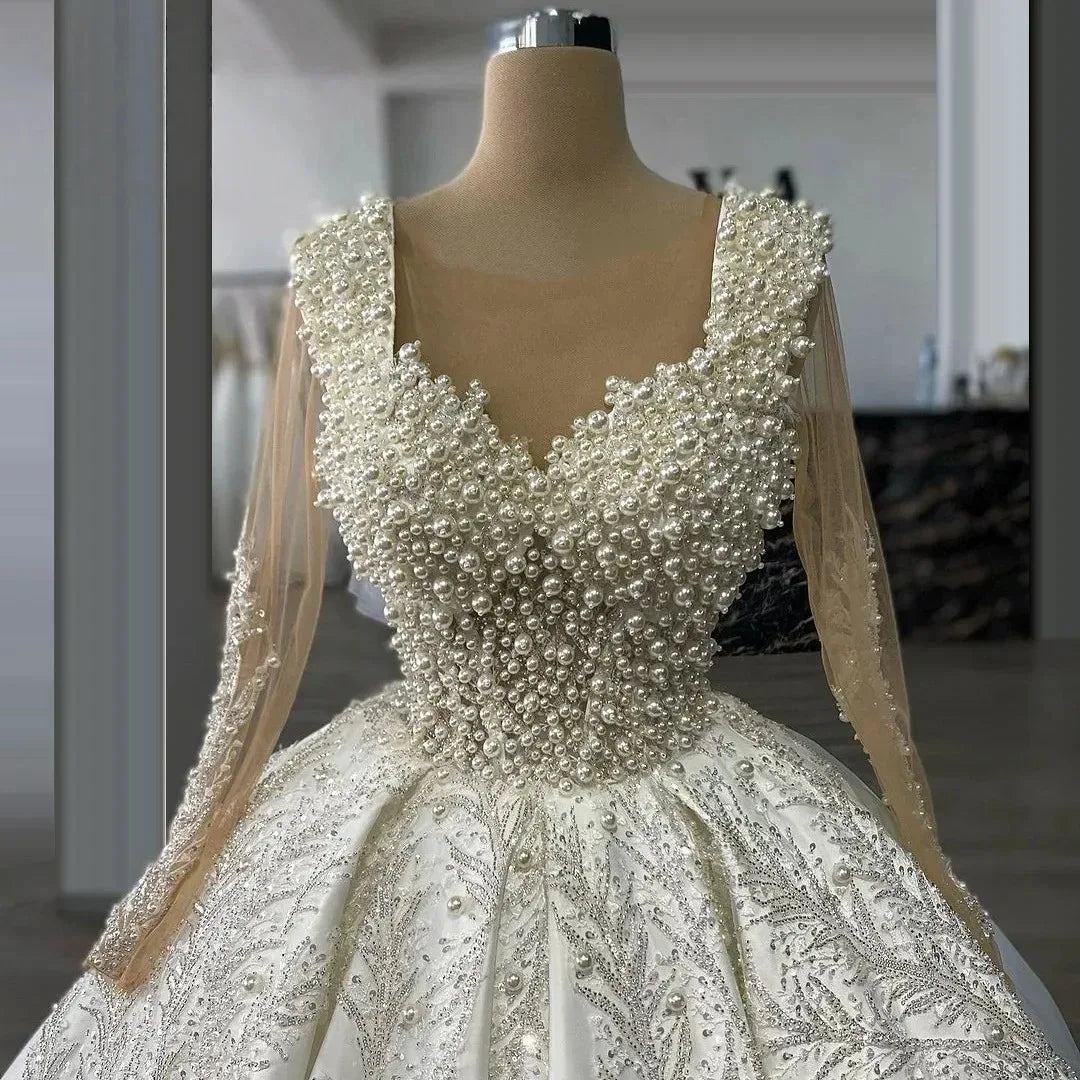 New Princess Wedding Dresses Illusion Full Sleeve Ball Gown Pearls Beaded Applique Vestidos De Novia Amanda Novias Officia Custo