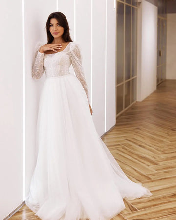 Stunning Beaded Crystal Scoop Neckling Full Sleeves Wedding Dresses Tullr Organza Formal Bridal Grown Rode De Morrie