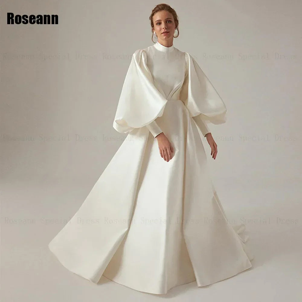 High Collar Ivory A-line Wedding Dresses Fold Puff Sleeve Satin Draped Pleat Bride Gown Floor Length robe de mariée Champagne