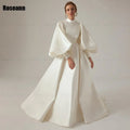 High Collar Ivory A-line Wedding Dresses Fold Puff Sleeve Satin Draped Pleat Bride Gown Floor Length robe de mariée Champagne