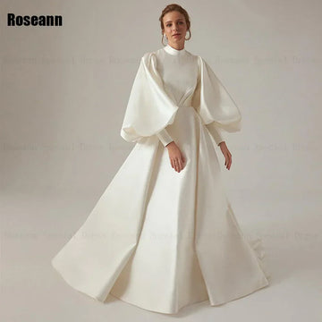 High Collar Ivory A-line Wedding Dresses Fold Puff Sleeve Satin Draped Pleat Bride Gown Floor Length robe de mariée Champagne