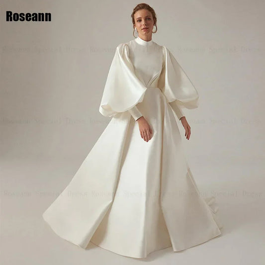 High Collar Ivory A-line Wedding Dresses Fold Puff Sleeve Satin Draped Pleat Bride Gown Floor Length robe de mariée Champagne