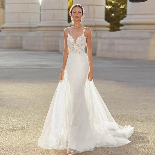 Vintage Mermaid Wedding Dress Spaghetti Straps Exquisite Appliques V-Neck Tulle Sexy Glitter Gown Vestido De Novia Women Floor Length