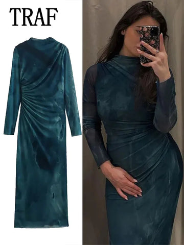 Woman silk mesh midi dress long sleeve vintage elegant slim autumn dress