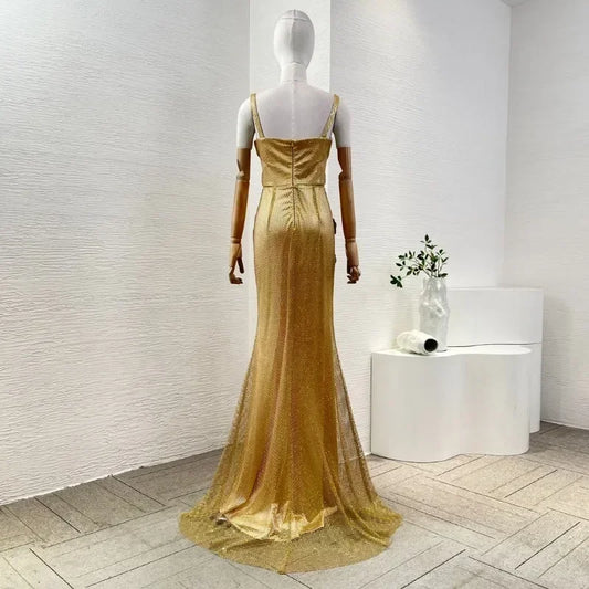 Women's Golden Diamonds Sexy High Quality V Neck 2025 Beach Style Elegant New Fashion Sleeveless Maxi Dresses for Party