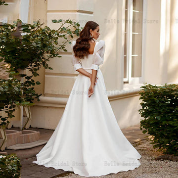 Simple White Wedding Dresses Square Neck Half Sleeves Bridal Gowns Pleat Back Zipper A-Line Sweep Train свадебное платье