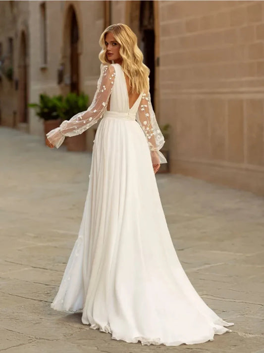 Sexy Wedding Dresses Deep V Neck Long Sleeves Bridal Gowns Backless Appliques A-Line Sweep Train Chiffon свадебное платье