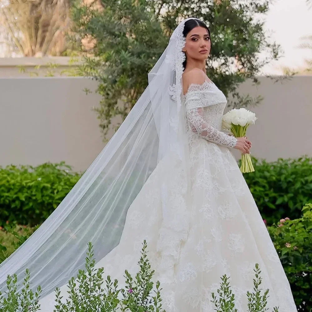 Customzied Romantic Lace A-Line Boat-Neck Wedding Dress Off Shoulder Backless Court Train Long sleeves Bride Dress