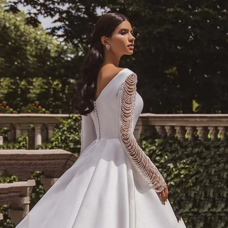 Boat neck full sleeve vintage button beading satin A-line simple elegant custom made wedding dress ivory