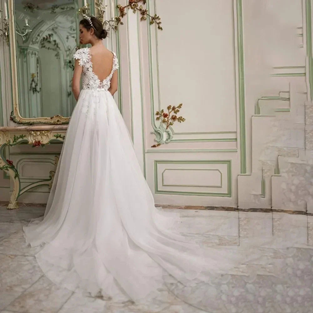 Modern Wedding Dresses 3D Flowers Lace Detachable Train Bridal Robes High Low Elegant Gowns For Brides Vestidos De Novia