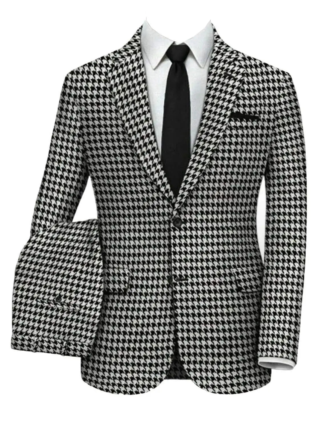 2 piece slim fit plaid houndstooth single breasted men suit wedding business black white