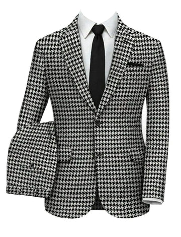 2 piece slim fit plaid houndstooth single breasted men suit wedding business black white