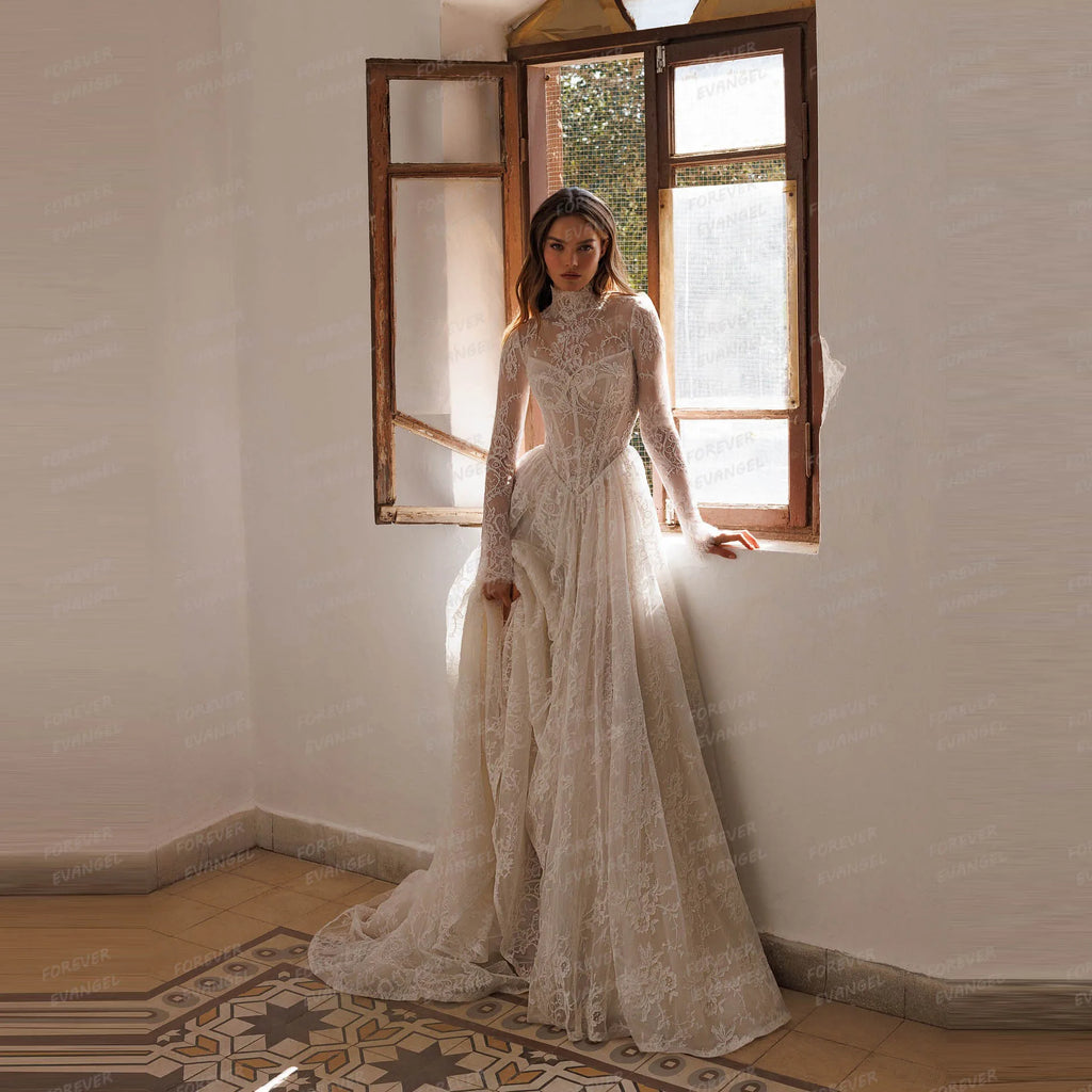 Simple Wedding Dresses A Line Woman's Sexy Lace Shiny Long Sleeve Bride Gowns Formal Appliques Customized Vestidos De Novia