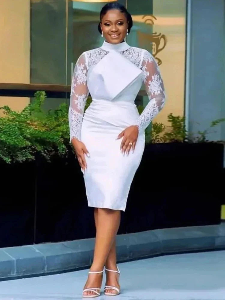 Aso Ebi Short Wedding Dress 2026 High Neck Lace Long Illusion Sleeves Sheath Bride Party Gowns New Vestidos De Noiva