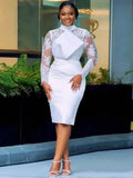 2026 high neck lace long illusion sleeves sheath Aso Ebi short wedding dress bride party gown ivory