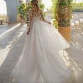 O-neck long sleeve lace tulle A-line exquisite embroidery button pleat wedding dress bridal gown ivory