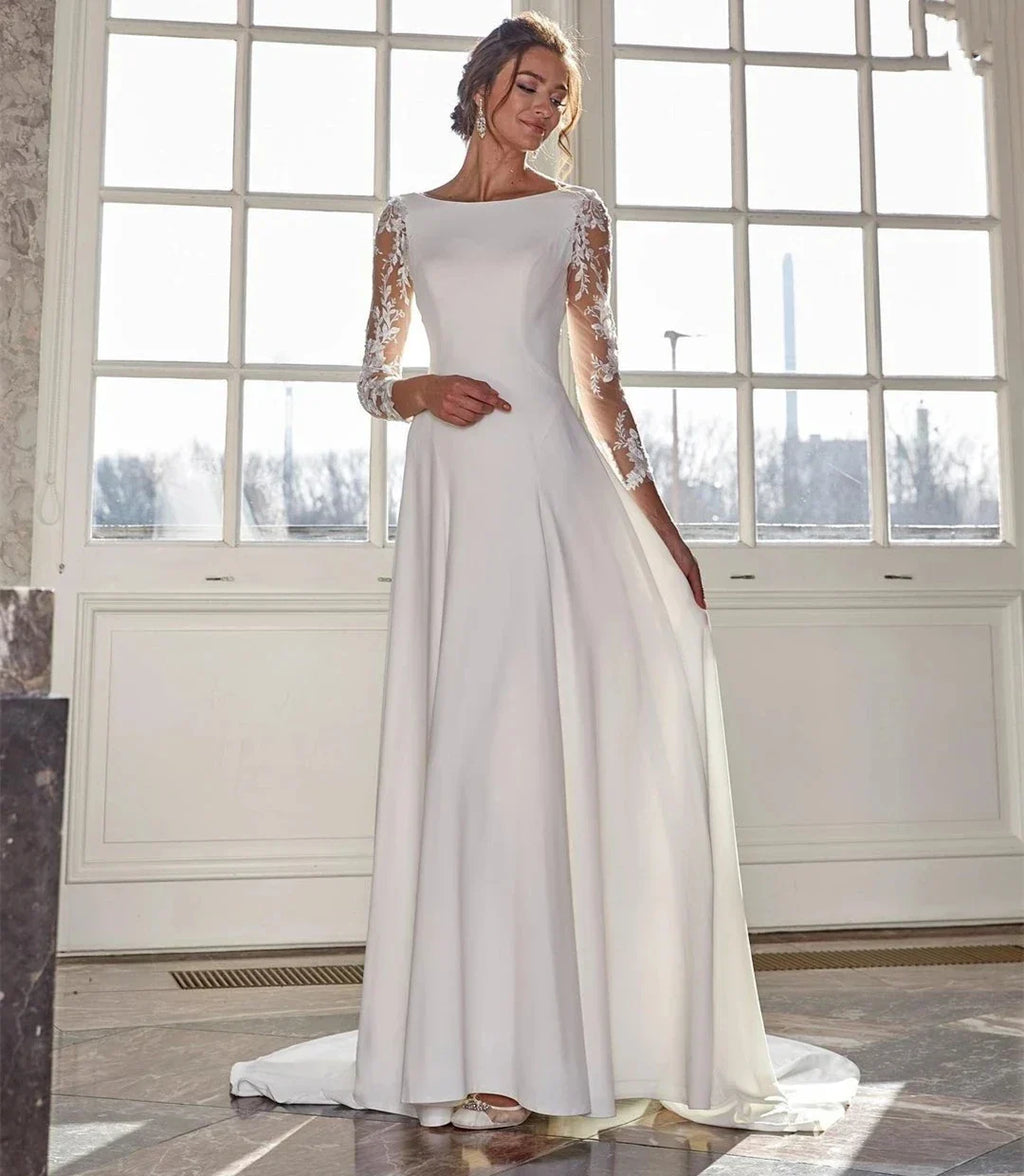 Vintage A-line Wedding Dress Scoop Lace Appliques Long Sleeves Illusion Buttons Back Satin Bride Gowns Robe Mariage