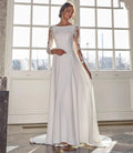 Vintage A-line Wedding Dress Scoop Lace Appliques Long Sleeves Illusion Buttons Back Satin Bride Gowns Robe Mariage