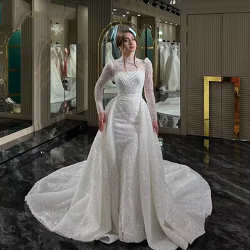 Customized Two Pieces White Wedding Dresses Detachable Train Long Sleeves Elegant Wedding Gowns Vestidos De Novia Bridal Gowns