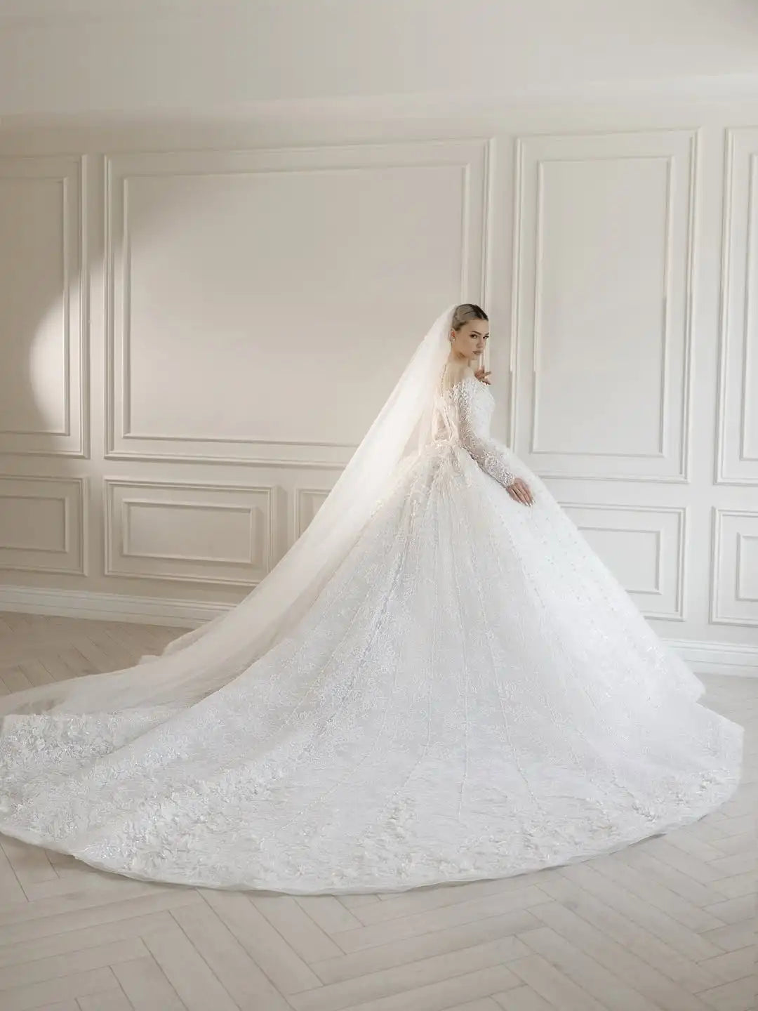 O-neck long sleeve beaded lace wedding dress – front view – Snowy Bridal