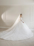 O-neck long sleeve beaded lace wedding dress – side view – Snowy Bridal