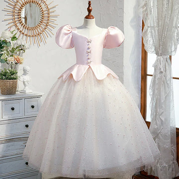Children Pink Satin Tulle Dress Beading Puff Sleeve Floor-Length Chiffon Dresses Girl Kids Square Collar Wedding Party Gown