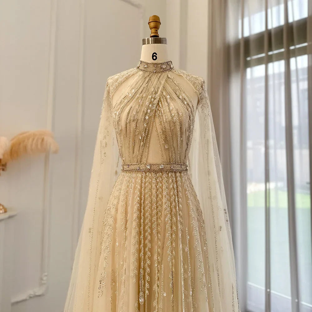 Luxury Evening Dress with Cape Sleeve Elegant Long Arabic Formal Dresses for Women Wedding Party SS495
