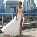 Sexy Wedding Dresses Sheath Sheer Neck Cap Sleeve Lace Bridal Party Gowns Applique Split Slit Beach Chiffon Robe De Mariée