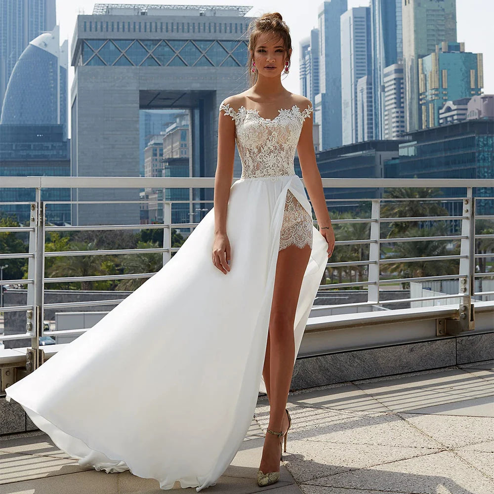 Sexy Wedding Dresses Sheath Sheer Neck Cap Sleeve Lace Bridal Party Gowns Applique Split Slit Beach Chiffon Robe De Mariée
