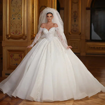 Customized Elegant Princess Wedding Dresses Sweetheart Off The Shoulder Pearl Lace Applique Bridal Gown Train Vestidos De Novia