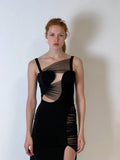 Spaghetti strap black mesh V-neck hollow sleeveless high split bodycon bandage evening party dress back