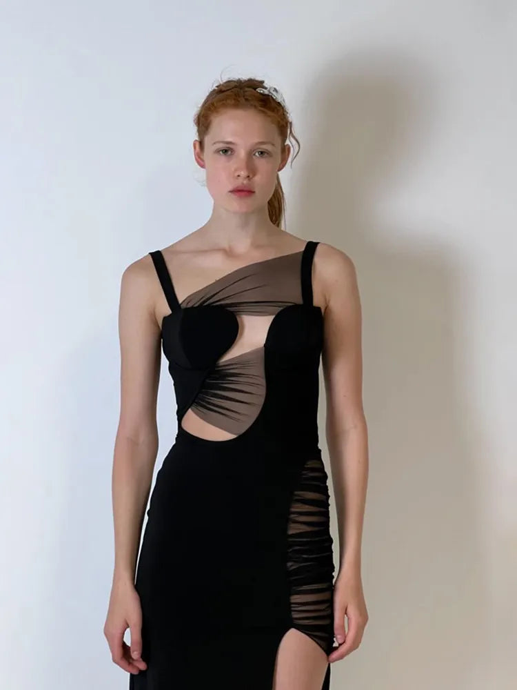 Spaghetti strap black mesh V-neck hollow sleeveless high split bodycon bandage evening party dress back