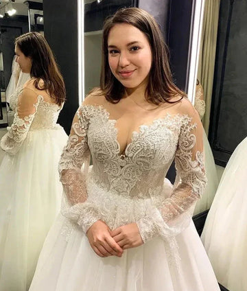 Beach boho A-line lace appliques V-neck sheer neck long sleeves bohemian lace-up wedding dress