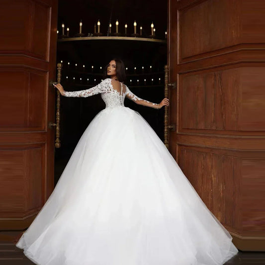 Vintage Wedding Dresses Sexy Fluffy Tulle Bridal Ball Gowns A Line Appliques Women's Sweetheart Long Sleeve Robe De Mariée