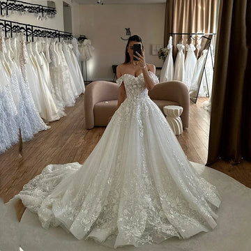 Customized A-line Lace Appliques Wedding Dresses Off Shoulder Sweetheart Wedding Gowns Backless Bride Gown Vestidos De Noiva