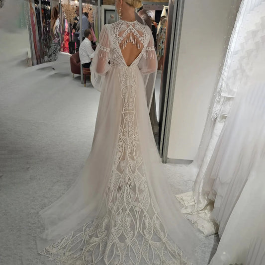 Customized Woven Lace V Neck Bridal Gowns with Removable Bolero Pullover Tulle Long Sleeves Floral Lace Fringe Wedding Dress