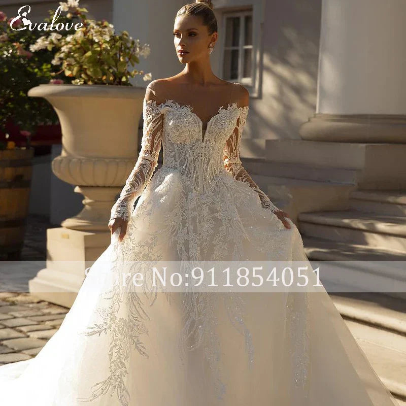 Vestido De Noiva Luxury Beading Appliques A-Line Wedding Dress Classic Scoop Neck Zipper Long Sleeve Princess Bridal Gown