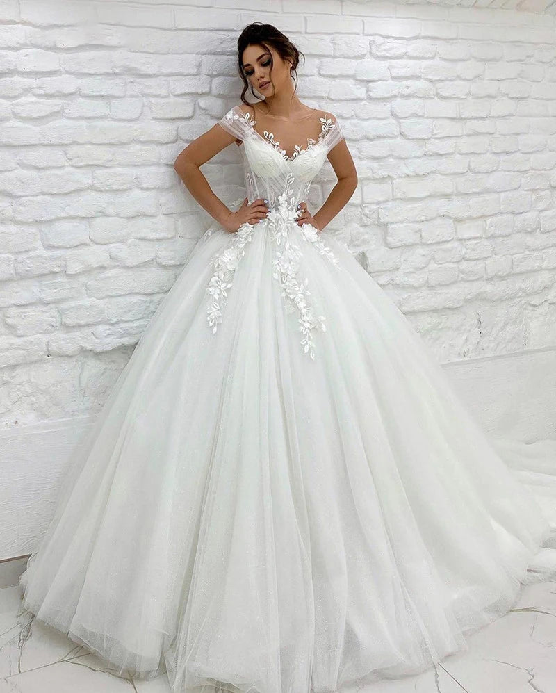 Boho off-shoulder 3D lace sleeveless wedding dress – detail view – Snowy Bridal