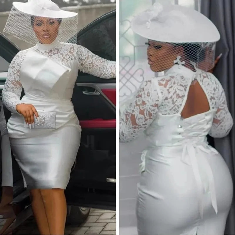 High neck long illusion sleeves sheath Aso Ebi 2026 short lace wedding dress bride party gown side view